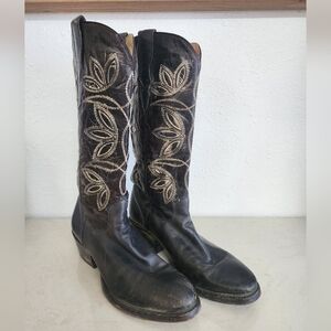 Stetson Leather Vintage Floral Underlay Black Leather Cowgirl Boots Size 10